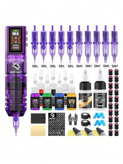 DQFART Wireless Tattoo Gun Kit, Tattoo Machine Set, 1600mAh Power Adapter, LED Digital Display, Complete Tattoo Pen Set (Including Tattoo Needles, Tattoo Ink, Tattoo Stencils And Various Tattoo Accessories). Suitable For Beginners And Tattoo Artists.