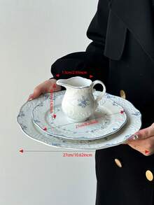 1pc French Vintage Lace Embossed Blue Snowflake Ceramic Plate & Creamer, Suitable For Home, Restaurant, Afternoon Tea, Dessert, Western Dining, Elegant Gift For Friends And Classmates - Multicolor - View 3