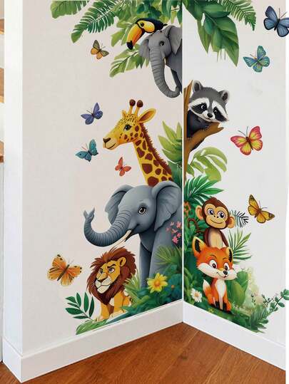 1/2片装大号儿童房墙贴，卡通动物图案，复活节兔子，森林动物派对，树下的小熊，PVC自粘可移除墙贴，适用于卧室、客厅、书房、餐厅、浴室、家居墙面装饰、房间装饰