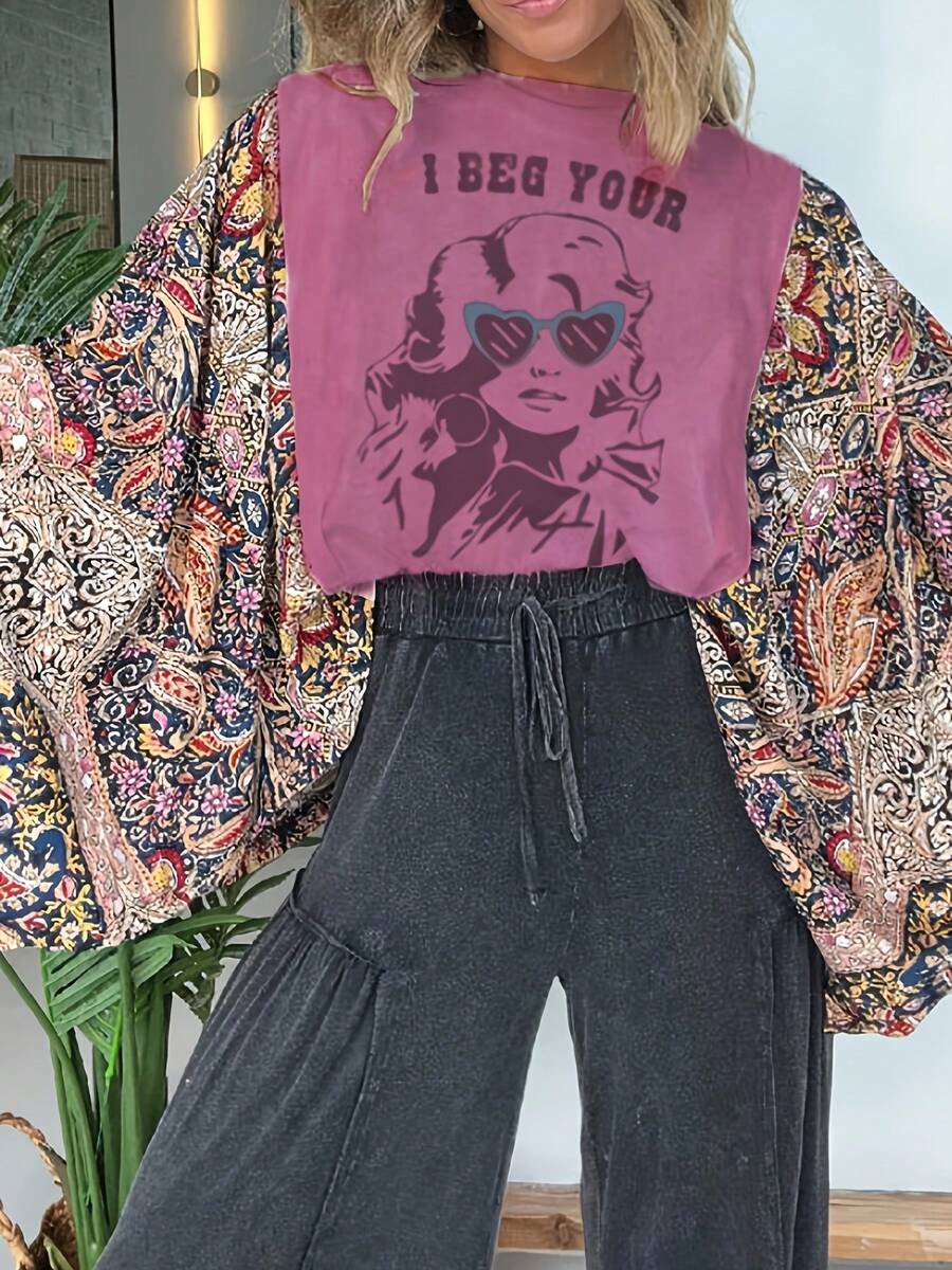 Women's Magenta "I BEG YOUR" Graphic Crop Top: Y2K Short Sleeve Tee With Heart Sunglasses Retro Print, Perfect For Valentine's Day Gift, Concert Outfits & 90s Throwback Street Style. - 混合色 - 查看 1