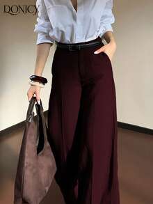 DONICY 女士春夏新款下装，酒红色纯色高腰口袋直筒阔腿裤，时尚复古优雅简约百搭套装裤，适合日常休闲、办公、约会、购物、展览等场合。 - 酒紅色 - 查看 7