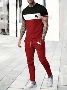 男士印花圆领短袖T恤和休闲长裤套装 - 彩色 - 查看 2