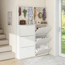 TYBOATLE Shoe Storage Cabinet With 3 Flip Drawers, Narrow Shoe Cabinet With 9 Hooks Coat Rack, Freestanding Slim Shoe Storage Organizer For Entryway, Hallway, Entrance, Bedroom, Living Room, White - 白色 - 查看 3
