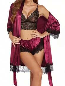 Women's Sexy Satin Lace Lingerie Set – Wine Red Nightwear With Robe , Bralette, Shorts & Panty For Romantic Atmosphere - 中紫紅色 - 查看 3