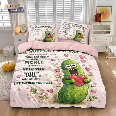 3pcs Cucumber Theme Bedding Set (1 Duvet Cover + 2 Pillow Shams, No Filler), Green Cute Cartoon Cucumber & English Letter Pattern, Suitable For Daily Use, Festivals, Gifts For Lovers, Friends, Family, Soft, Warm, Skin-Friendly Duvet Cover, Various Sizes Including Extra Large, Cozy & Cute, Minimalist Luxury, Suitable For Girls, Boys And Adults Bedroom, Guest Room