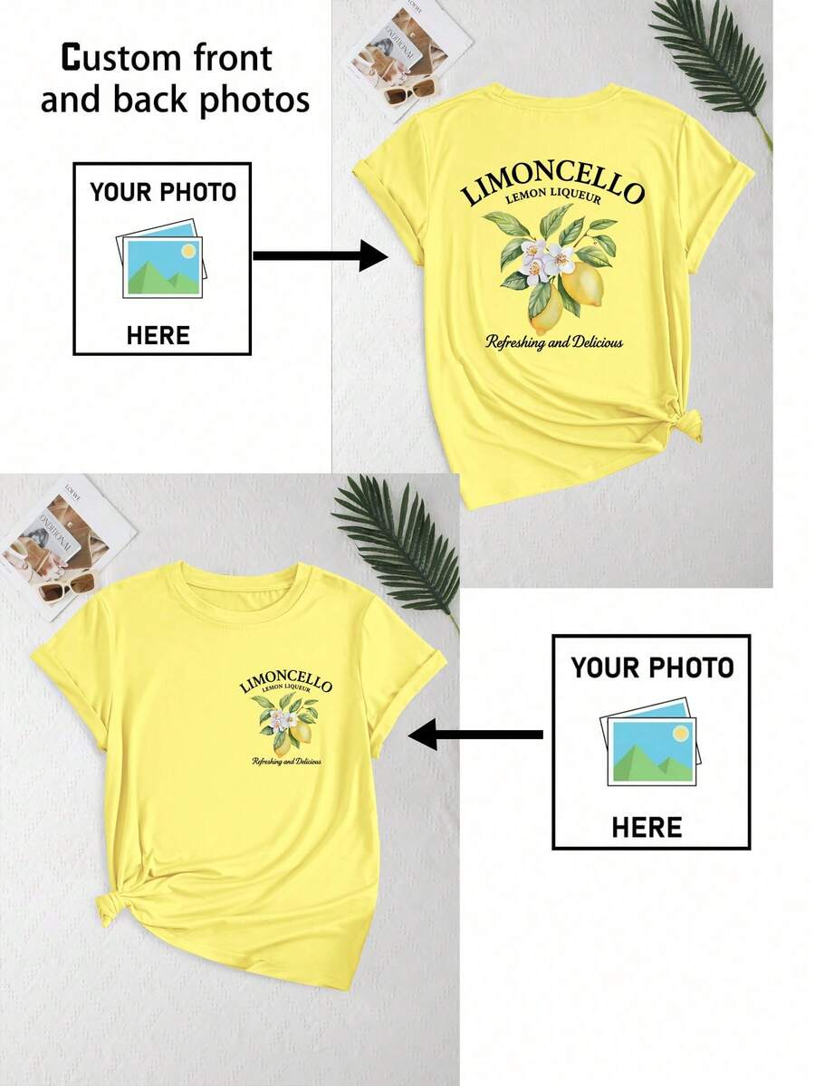 Áo thun nữ in theo yêu cầu - Thêm ảnh của bạn (ngang/huy hiệu/cặp đôi/gia đình/tự sướng/thú cưng), in hai mặt, thích hợp cho du lịch mùa hè, quà tặng bạn gái, áo thun nữ, áo nữ in theo yêu cầu, phong cách thể thao năng động. - Màu vàng - Xem 1