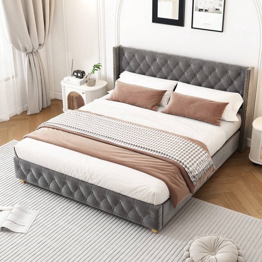 Upholstered Bed 160 * 200 Cm With Crossbar Frame And Headboard, Button Filling, Rivet Filling, Wooden Legs, Velvet, Multicoloured Optional. - Grey - View 1