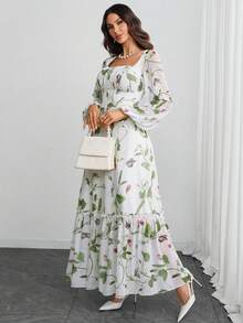 Women's Elegant Sexy Modern Romantic French Style Square Neck Long Sleeve Y2K Floral Print Ruffle Double Layer Dress - Multicolor - View 4