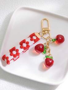 1pc Kawaii Fruit Keychain With Flower Lanyard – Resin Cherry Strawberry Pendant For Women Girls Bag Decor - Red - View 3