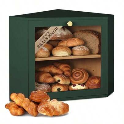 Corner Bread Box For Kitchen Countertop 2 Tier Bread Box Corner Countertop Cabinet A Large Space-Saving Multifunctional Food- Solution With Brass Knob And Airflow Control Green
