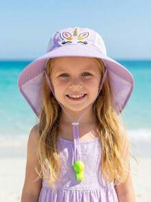 1pc Toddler & Kids' Navy Blue Shark Cartoon Bucket Hat With Neck Strap, Adjustable Drawstring, Outdoor Sports Cap, Random Whistle Color, Spring/Summer - Purple Unicorn - View 6