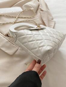 New Fashionable Versatile Textured Rhombus Embroidered Chain Strap Chic Commute & Date Shoulder/Crossbody/Top Handle Small Square Bag - White - View 3