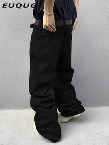 Y2K复古风男士黑色水洗宽松阔腿牛仔裤，直筒休闲版型牛仔裤，送给老公或男友的完美礼物 - 黑色 - 查看 4