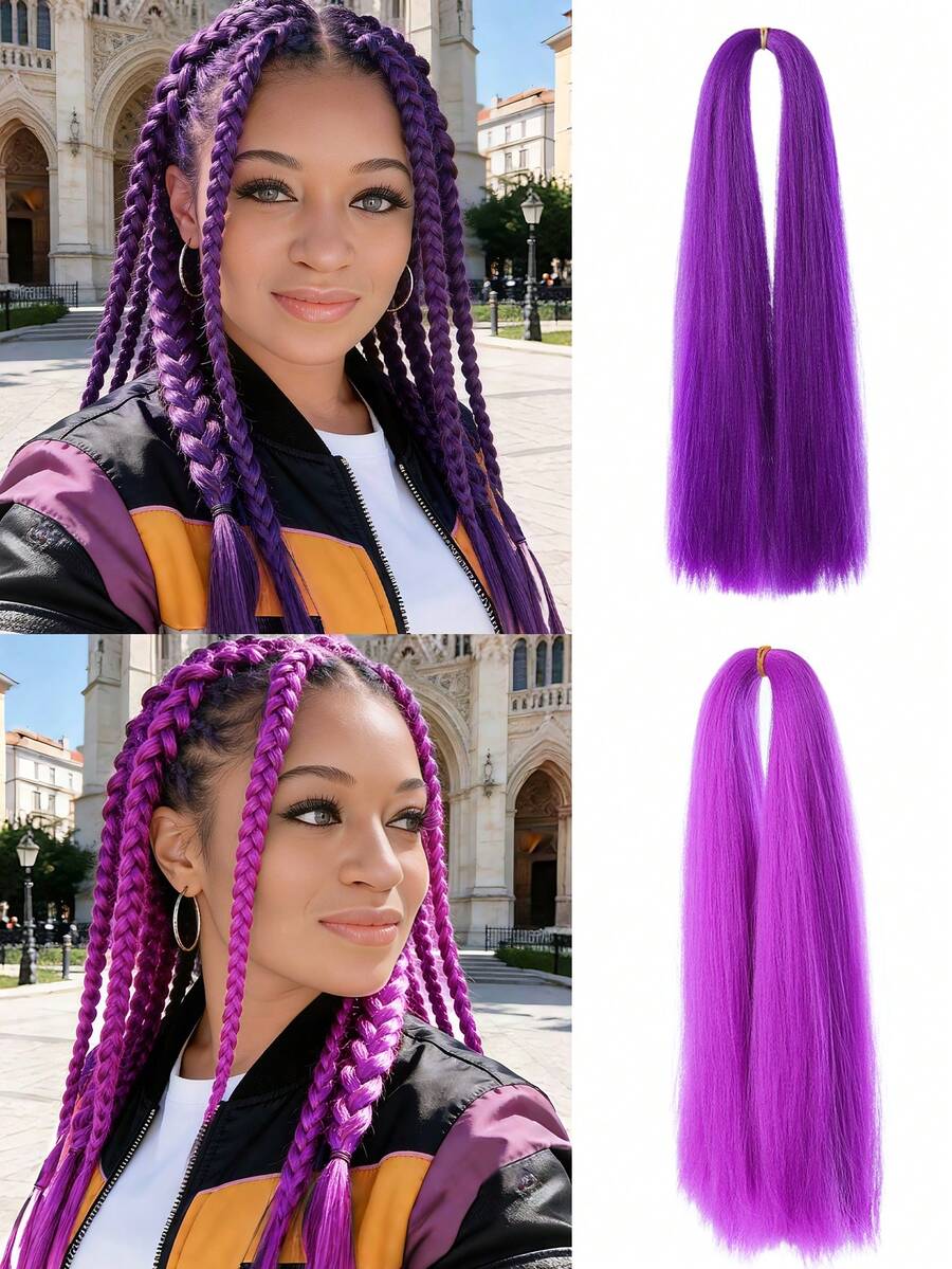 1 Pack 14 Inch Purple Braided Wig | Straight Linen Texture Synthetic Hair Extension - Multicolor - View 1