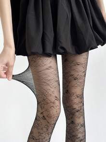 1双 Ins Style 黑色深色图案 Pure Desire 风格女士渔网袜连裤袜日式少女风蕾丝提花长袜 Pure Sweet 情人节必备基础款袜子 - 黑色 - 查看 6