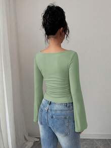 Women's Spring Fall Long Sleeve Shirts Crop Going Out Tops Casual Boat Neck Bell Sleeve Ribbed Ruched Y2K Clothes - Light Green - View 2