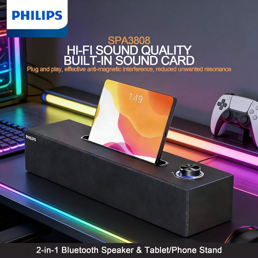 SPA3808 Wooden Speaker, Computer Speaker, Desktop USB Laptop Speaker, Desktop Speaker, Wired & Bluetooth Connection, Can Be Used As Smartphone & Tablet Stand, 3D Surround Stereo, Clear & Full-Bodied Sound - 彩色 - 查看 1