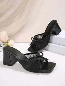 Women's Lace Chunky Heel Sandals, Fashion Square Toe Casual Slip-On Slippers - Black - View 6