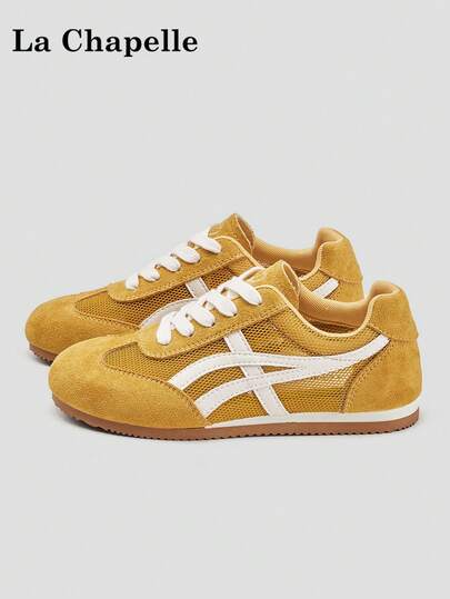 1 Pair La Chapelle Women's Thick Sole Lace-Up Soft Bottom Casual Shoes, Low-Top Outdoor Flat Shoes, Round Toe Low Heel Non-Slip Solid Color Elegant Soft Bottom Hiking Shoes, Suitable For Students, Graduation Photos, Flat Shoes, Low-Top Leather Sports Skateboard Shoes