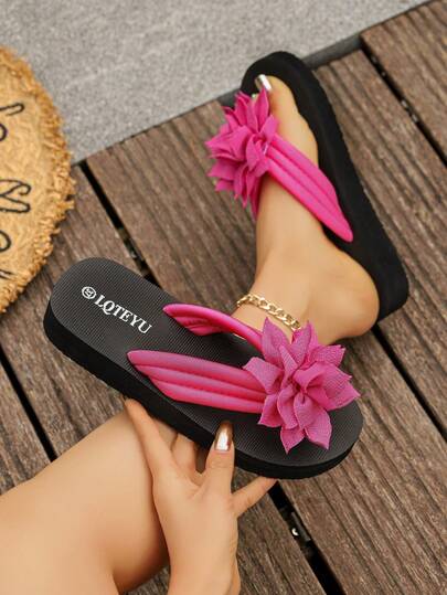 Sandalias de dedo con flores 3D en color fucsia para mujer, con diseño de moda, suela antideslizante y gruesa