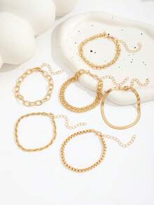 6pcs/Set Minimalist Punk Style Metal Chain Bracelet Set, Metal Chain Decorated With Rope, Snake, Twist Design Multi-Layer Bracelets, Suitable For Women As Gifts For Festivals, Dates, Daily Wear - Yellow Gold - View 4