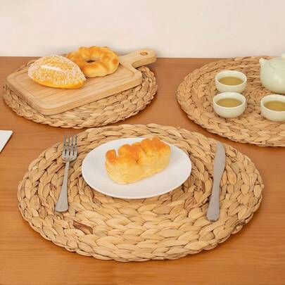 1/4 件天然编织葫芦餐垫、圆形餐垫、藤条餐垫、水葫芦手工编织餐垫、编织餐垫套装、餐盘耐热/防滑桌垫，适用于家庭餐厅和餐厅、家居用品、时尚装饰杯垫，具有耐用表面保护，适合现代和传统家居装饰