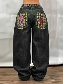 Women Y2K 90S Hip Hop Baggy Jeans Gothic Skull Embroidered Boyfriend Wide Leg Denim Pants Mid-Low Rise Loose Streetwear Outfits - 黑色 - 查看 2