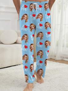 Customized Men's Pajama Pants, Heart Print Casual Lounge Pants - Blue - View 3