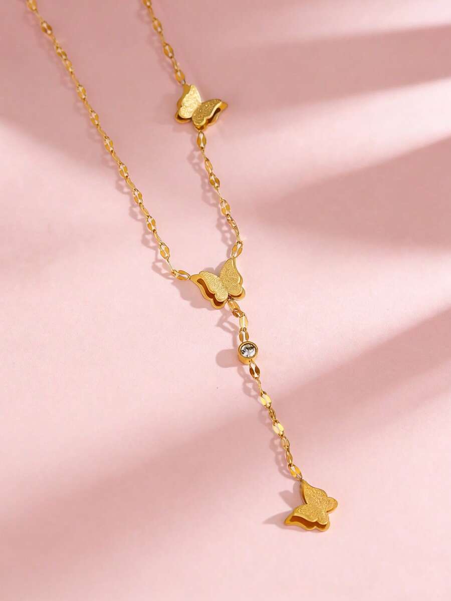 1 pezzo Collana lunga con ciondolo a farfalla in acciaio inossidabile placcato oro opaco, delicata collana choker, adatta per strada, feste, appuntamenti, compleanni, vacanze e uso quotidiano - Oro giallo - Visualizzare 1