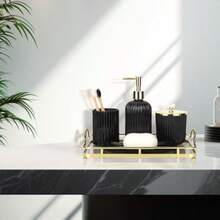 uego de accesos de baño de d negro diseño 4 piezas con dispensador de n y locion porta cepillo de dientes bandea de tocador y frasco de bo racion de baño ntage - vidrio Negro - Ver 2