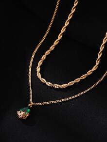 2pcs/Set Fashionable Twisted Braided Wavy Clavicle Chain With Copper Inlaid Shiny Water Drop Green Cubic Zirconia Pendant Layered Necklace, Suitable For Women's Daily Wear - Yellow Gold - View 5