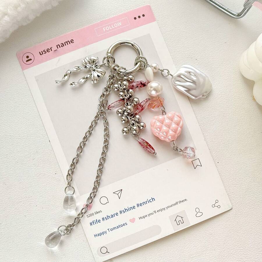 Baroque Pearl Bow Bag Charm, Crystal Tassel Keychain Gift - Pink - View 1