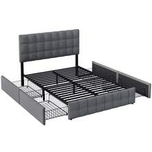 Upholstered Bed With 4 Drawers And Spring Mattress, Double Bed With Bassinet, Height-Adjustable Headboard And Square Stitching, Metal Bassinet, Linen Material (140 * 200 Cm, Grey) - Grey - View 4