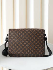 HOVI'S 男士斜挎包，棕黄色字母格纹印花面料 - 翻盖按扣和拉链闭合，可调节肩带，大容量平板电脑隔层，新年礼物，情人节礼物 - 棕色 - 查看 4