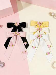 1 pieza Clip de pelo con lazo floral rosa lindo, accesorio de pelo de estilo dulce y pastoril para niñas - Multicolor - Ver 2