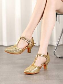 Latin Dance Shoes Sequined Closed-Toe Dance Shoes Ballroom Salsa Dance Hall Practice Performance Dance Shoes Party High Heels Dance Shoes - Gold - View 1