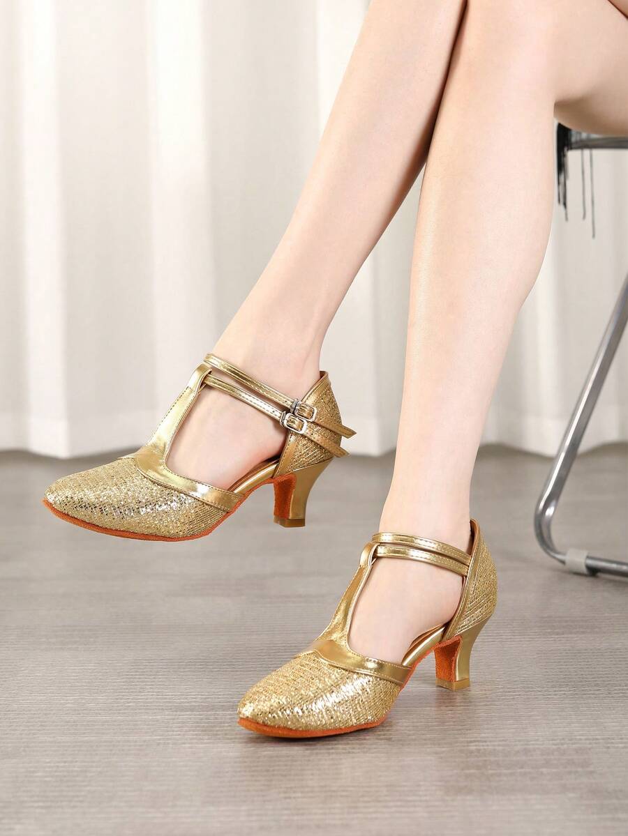 Latin Dance Shoes Sequined Closed-Toe Dance Shoes Ballroom Salsa Dance Hall Practice Performance Dance Shoes Party High Heels Dance Shoes - Gold - View 1