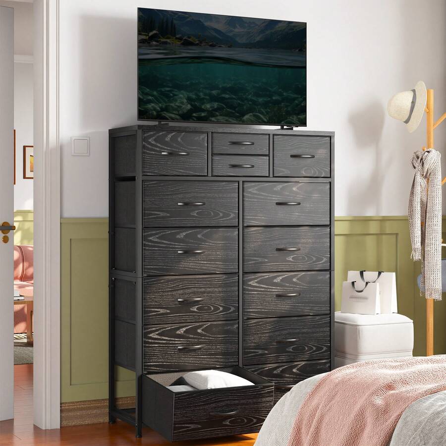 Tall Dresser, Dresser For Bedroom With 10 Large Drawers And 4 Small Drawers , Tall Bedroom Dresser For Bedroom, Large Fabric Dresser With Wood Top And Metal Frame, Mother's Day Decor, Room Decor, Home Decor, Festival Decor, Black - màu đen - Xem 1