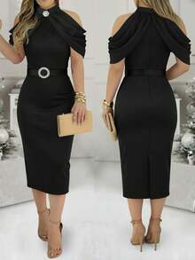 ChicMe 女士高领露肩水钻羽毛中长连衣裙，配腰带，修身优雅鸡尾酒会礼服 - 黑色 - 查看 1