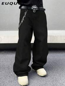 Y2K复古风男士黑色水洗宽松阔腿牛仔裤，直筒休闲版型牛仔裤，送给老公或男友的完美礼物 - 黑色 - 查看 2