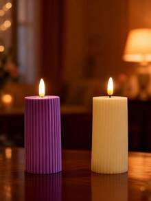 Plastic Beige Gear Striped Electronic Flameless Candle Set, Modern Flameless LED Party Candles, Faux Stone Wax Material Home Decor Candle Accessories - Multicolor - View 21