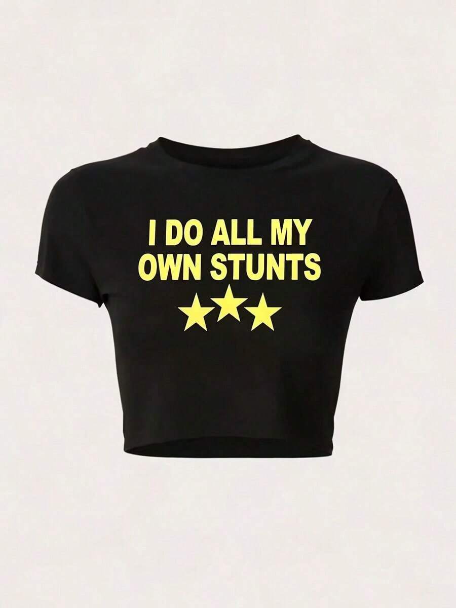 Y2K-Style Women's Cropped Top. Fashion Short Style Black Short-Sleeve T-Shirt With Yellow Letters And Stars Pattern - Black - View 1