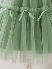 女童圆领水钻蝴蝶结网纱优雅舞会礼服，适合生日派对、毕业典礼、重要场合，不含头饰 - 綠色 - 查看 10