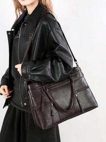 1 chiếc túi xách nữ màu trơn phong cách retro, túi tote dung tích lớn với nhiều ngăn khóa kéo, chất liệu PU chống thấm nước, có hai quai xách phía trên, thích hợp cho hoạt động ngoài trời, công sở, đeo vai đa năng với đường may chắc chắn và thiết kế chống trộm. - Cà phê - Xem 12