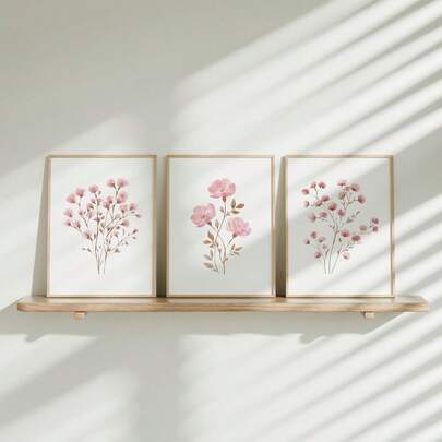 Floral Wall Art Set Of 3, Pink Wildflower Poster Prints, Girls Floral Prints, Botanical Wall Art, Floral Watercolor Prints, Modern Home Decor, Boho Playroom Art, Home Decor Living Room, Wall Decor, No Frame