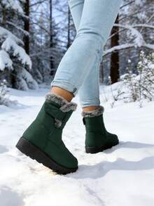 New 2026 Winter Women's Ankle Boots And Short Boots: Stylish, One-Piece Mid-Calf Platform Boots With Adjustable Elastic Heels And A Thick, Fashionable Flannel Edging, Perfect For Winter Outdoor Activities And Can Be Paired With Valentine's Day Outfits. Available In Black, Red, Grey, And Blue. Women's Winter Clothing. A Top Choice For Valentine's Day Gifts. Stylish, Warm Black Ankle Boots; Comfortable And Versatile Low-Heeled Shoes; One-Piece Boots. Avant-Garde Elongated Women's Boots; Comfortable And Durable Concealed Wedge Boots. - 綠色 - 查看 5
