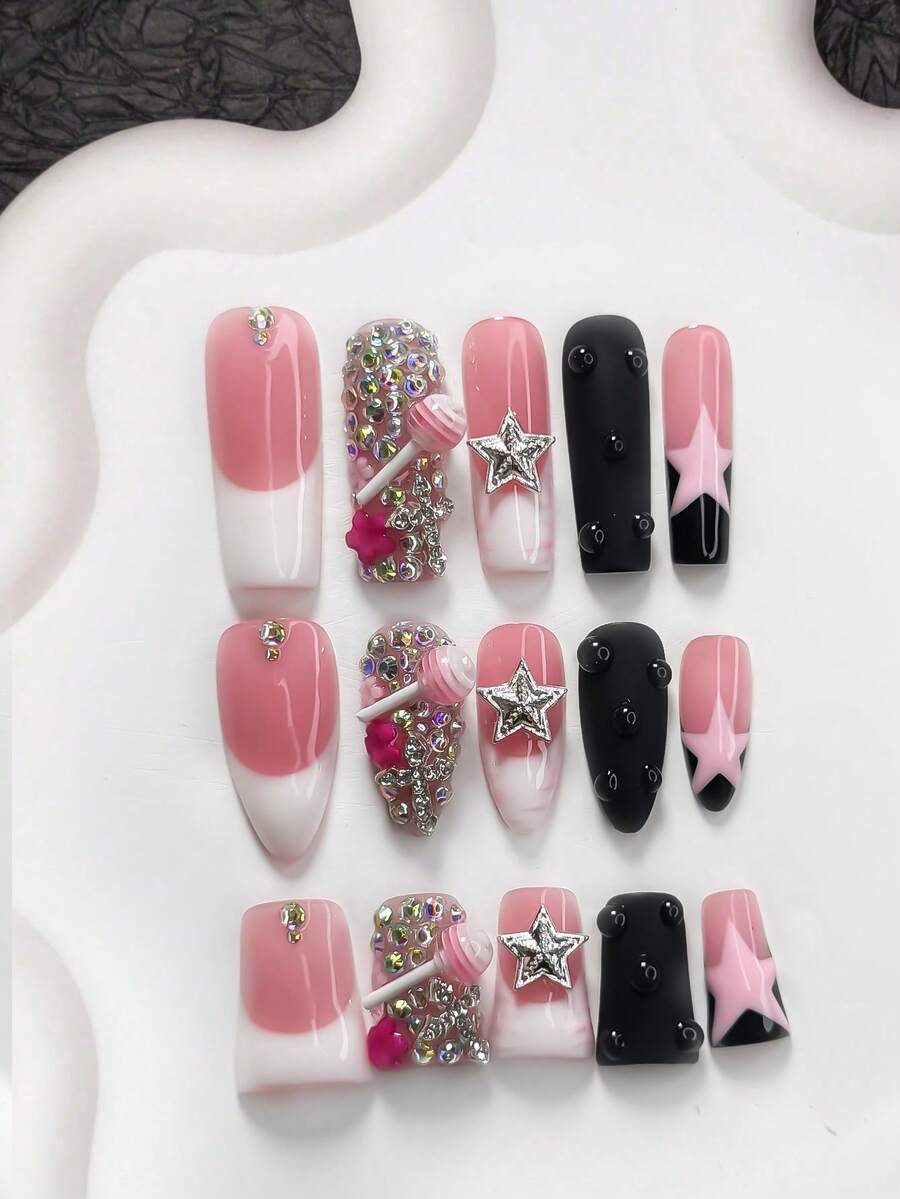 10pcs Princess Style Acrylic Nail Art Decoration Set, Including 3D Lollipop, Silver Star, Rose Red Flower, Silver Rhinestones, Solid Color Water Drops Nails Handmade Press On Nails - Multicolor - View 1
