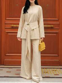 2pcs Women's Spring Casual Outfit - Loose Asymmetrical Hem Long Sleeve Top In Light Khaki And Straight Leg Pants, Suitable For Commuting And Casual Outings - Light Khaki - View 5