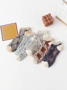 5/10双装 女士透气吸湿压花时尚短袜，春夏款 - 彩色 - 查看 4