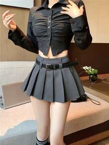 Women's Fashion Pleated Mini Skirt With Belt, Grey Casual A-Line High Waist Non-Stretch Fabric Skirt, Suitable For Daily Wear - Grey - View 4